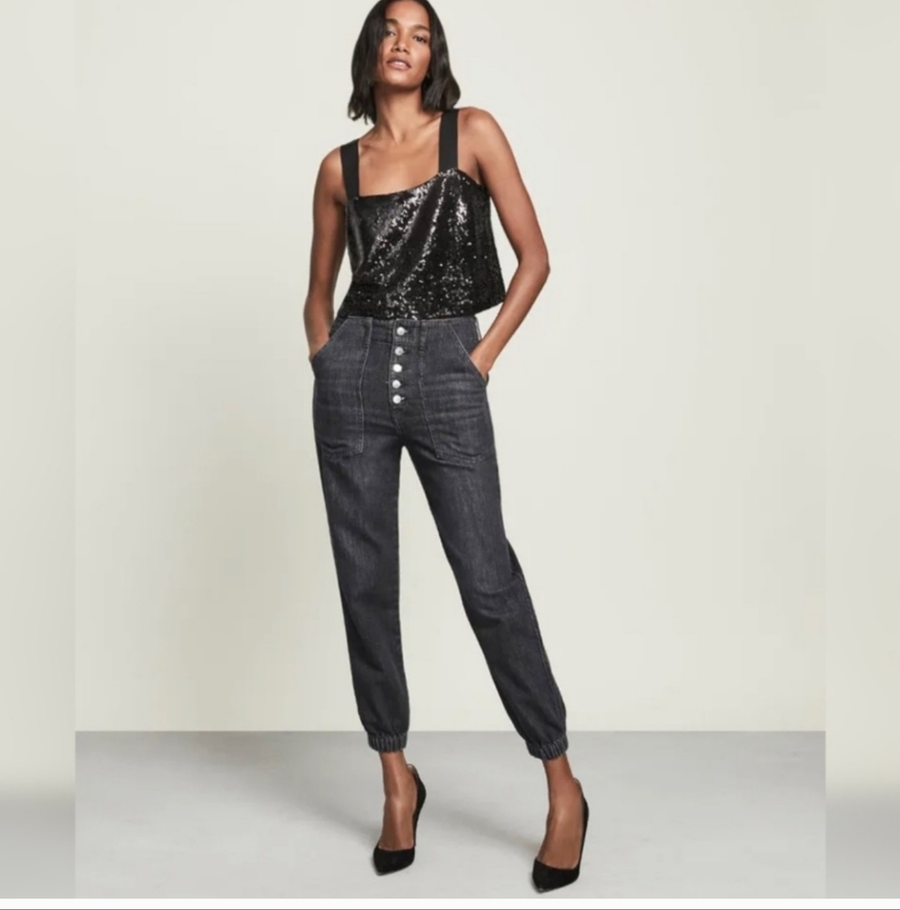 Veronica Beard Bolton Elastic Hem High Rise Washed Black Jeans Size 26